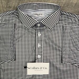 NEW Collars & Co polo mens medium black gingham plaid active performance stretch